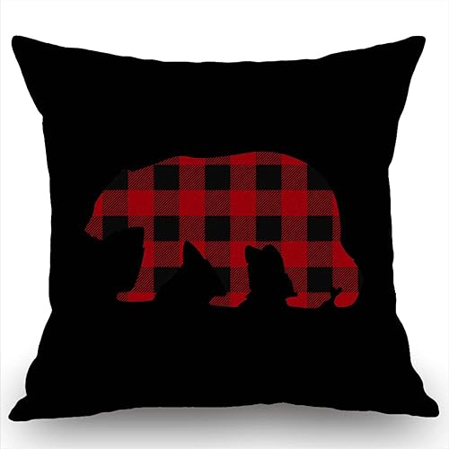 Swono Funda de almohada de oso a cuadros de búfalo rojo, almohada de granja, decoración de granja, funda de almohada de granja, funda de almohada de