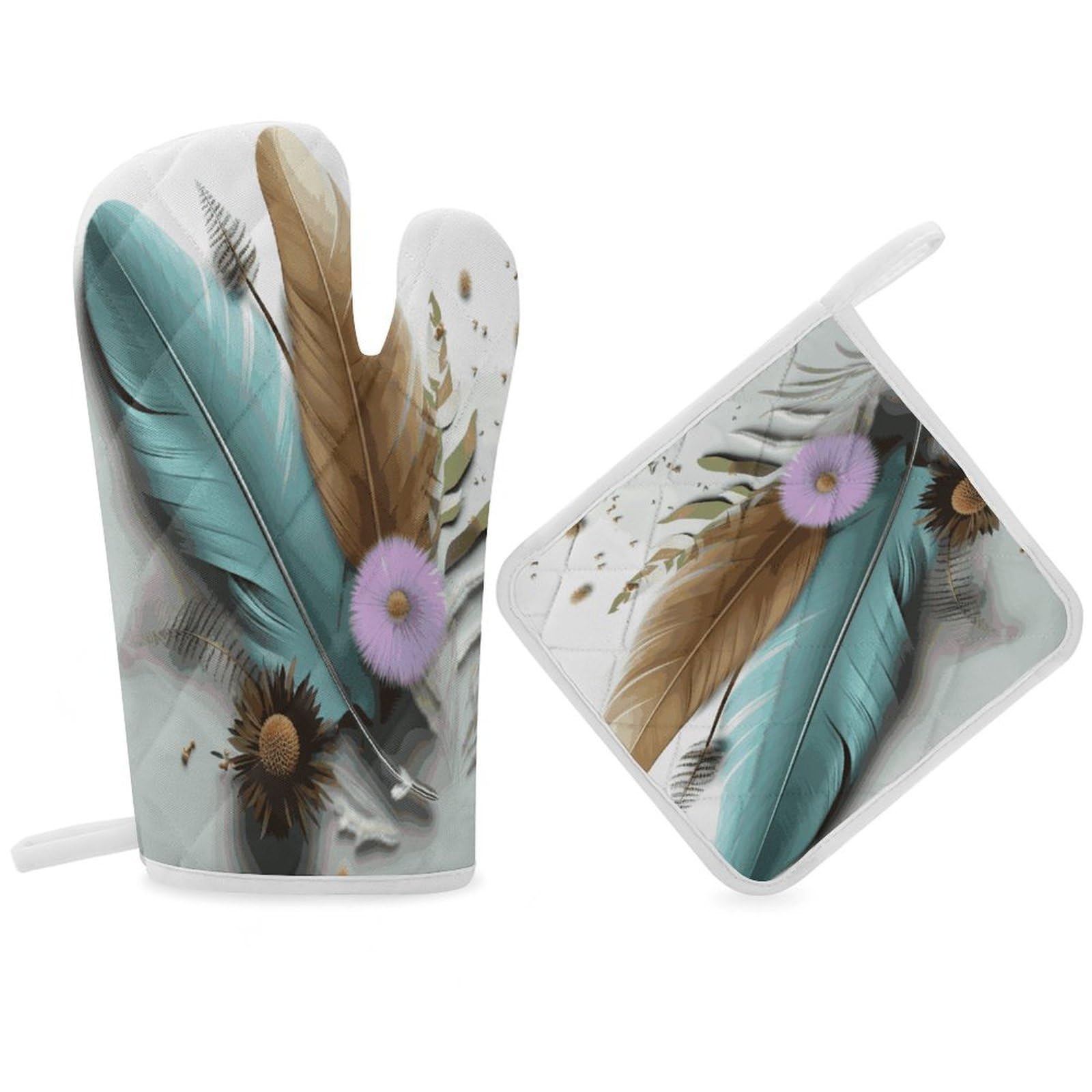 Fodpand Women's Style Feather Flower Oven Mitts And Pot Holders Sets,Oven Gloves For Kitchen Oven Mitts And Potholders For Baking Cooking Grilling Apartment Essentials