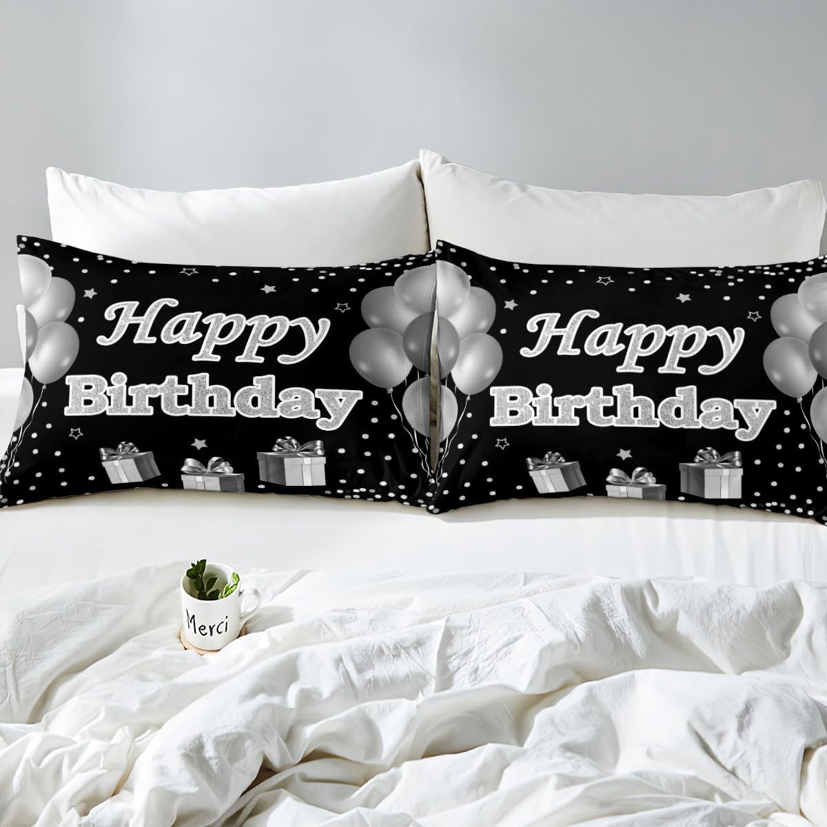 Erosebridal Silver Sheet Set Happy Birthday Sheets, Birthday Party Decorations Bed Sheets Set, Cute Balloons Star Garland Princess Flat Fitted Sheet with 2 Pillow Cases (Full, 4Pcs)