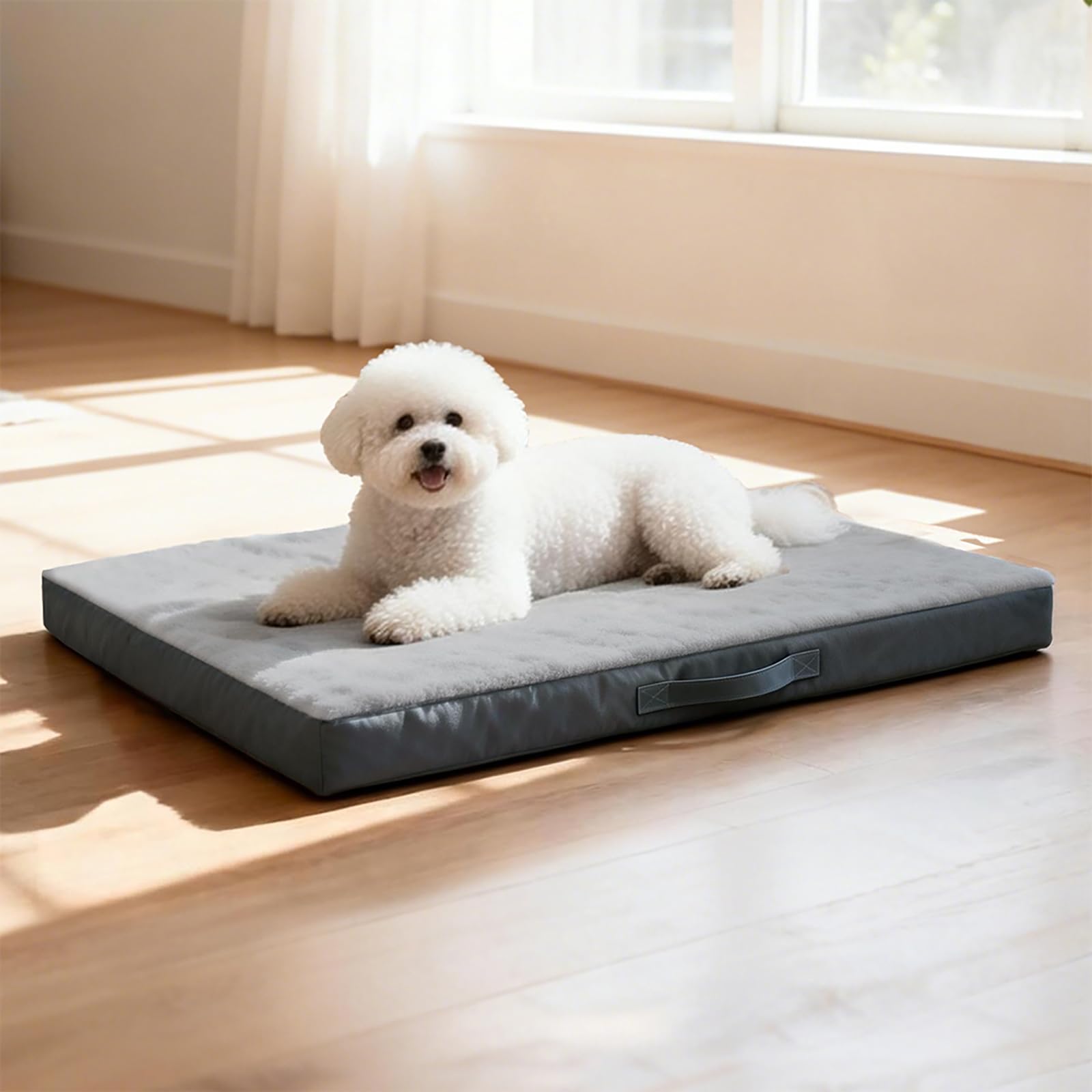 Skylos Medium Dog Bed, Orthopedic Dog Bed for Dog Crates, Washable Pet Bed with Removable Plush Cover, Eggshell Foam, 75 × 50 × 7.7 cm, Grey