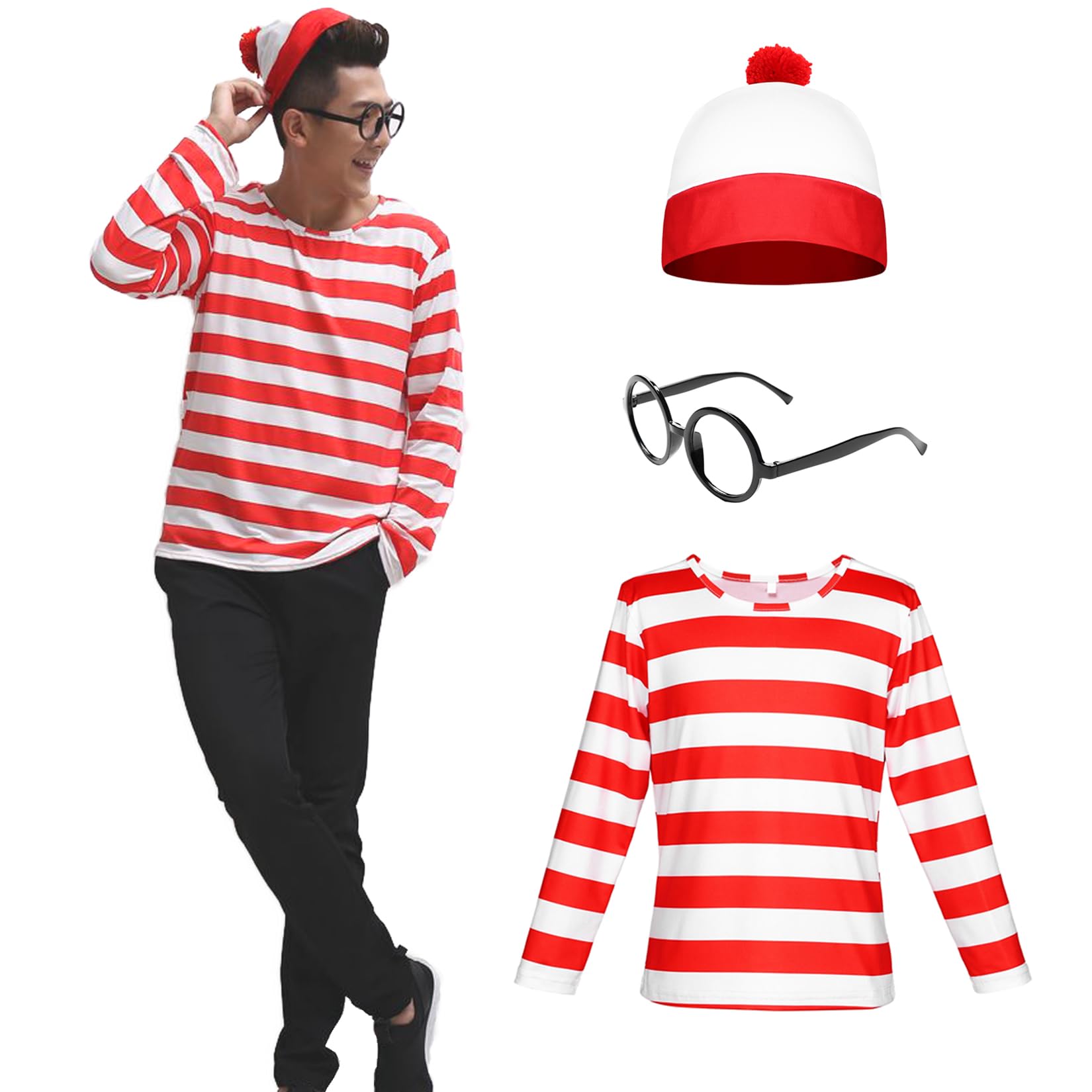 Alaiyaky Red and White Striped T-Shirt Set for Adult Kids, 90s Fancy Dress Striped Top with Beanie Hat Glasses Striped Socks, Halloween Costumes Book Day Outfit for Boys Girls Men Women (Man, S)