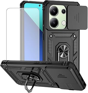 for Redmi Note 13 Pro 4G Case,Poco M6 Pro 4G 23117RA68G with Tempered Glass Screen Protector and Slide Camera Cover, Magnetic Ring Car Mount Holder Cover for Xiaomi Redmi Note 13 Pro 4G Black