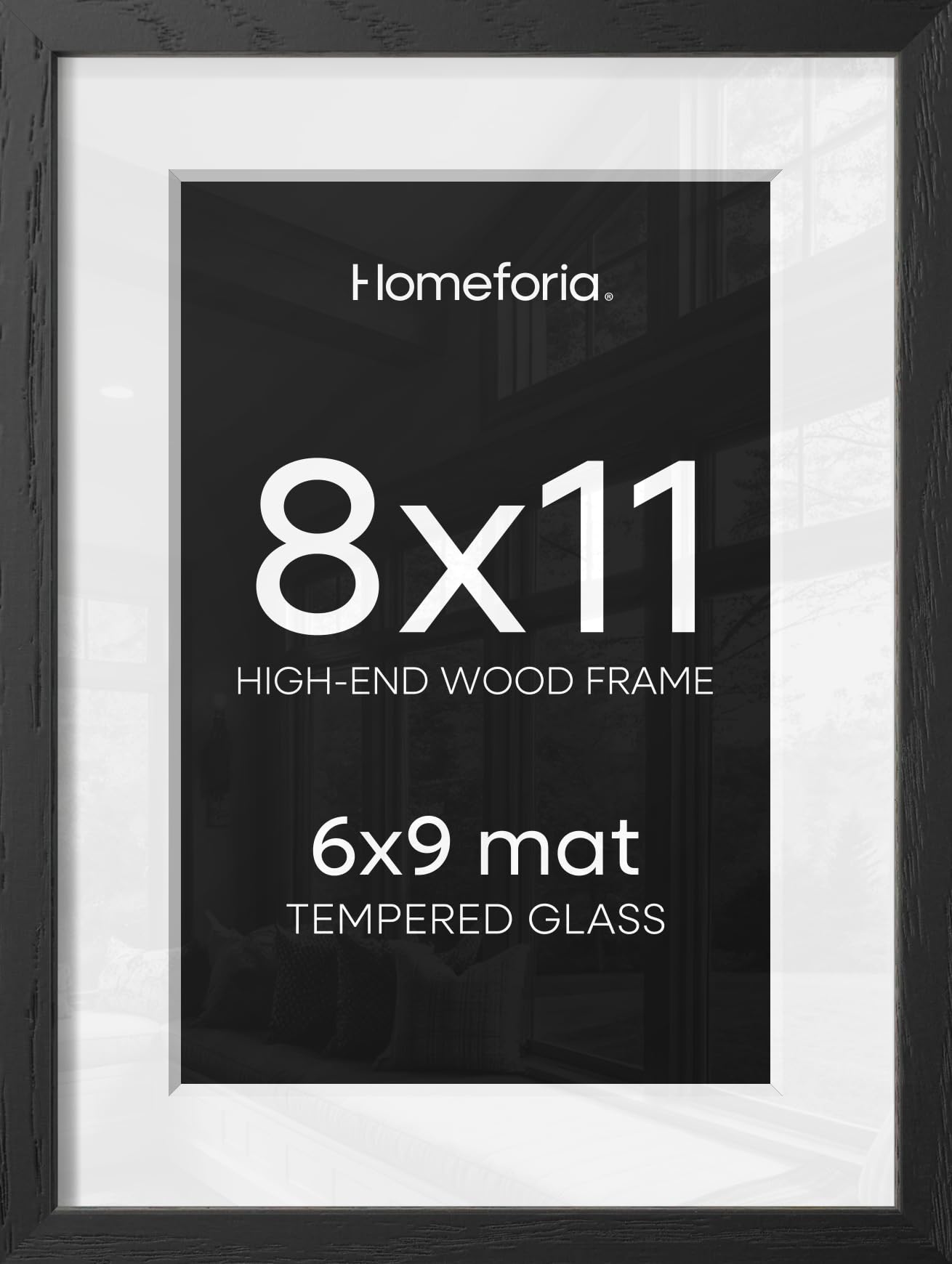 Homeforia 8x11 Black Oak Picture Frame, High-End Wood, 6x9 Mat, Glass | High End Solid Oak Wood, Tempered Glass, Acid-Free 6x9 Removable Mat, 8x11 Edge-to-Edge Display 11x8, Wall Kit, Set Of 1