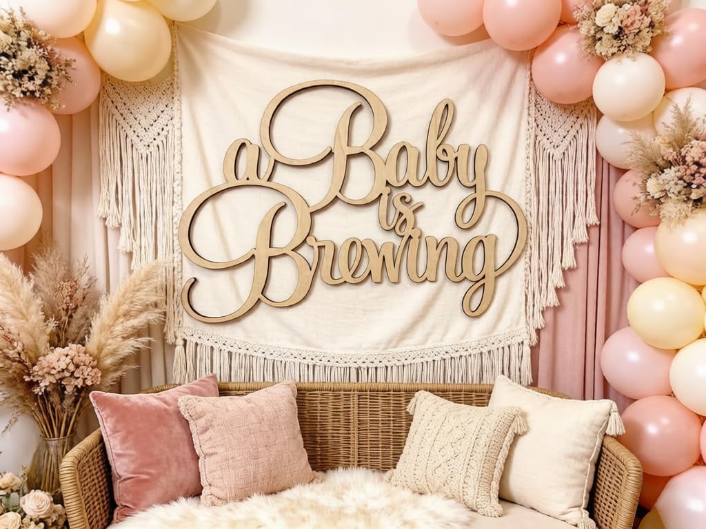Wooden A Baby is Brewing Sign for Backdrop, Birthday Party Decoration Wall,BrewingTheme, Pregnancy Celebration Party Decoration for Baby Shower Baptism Gender Reveal Photo Booth Props