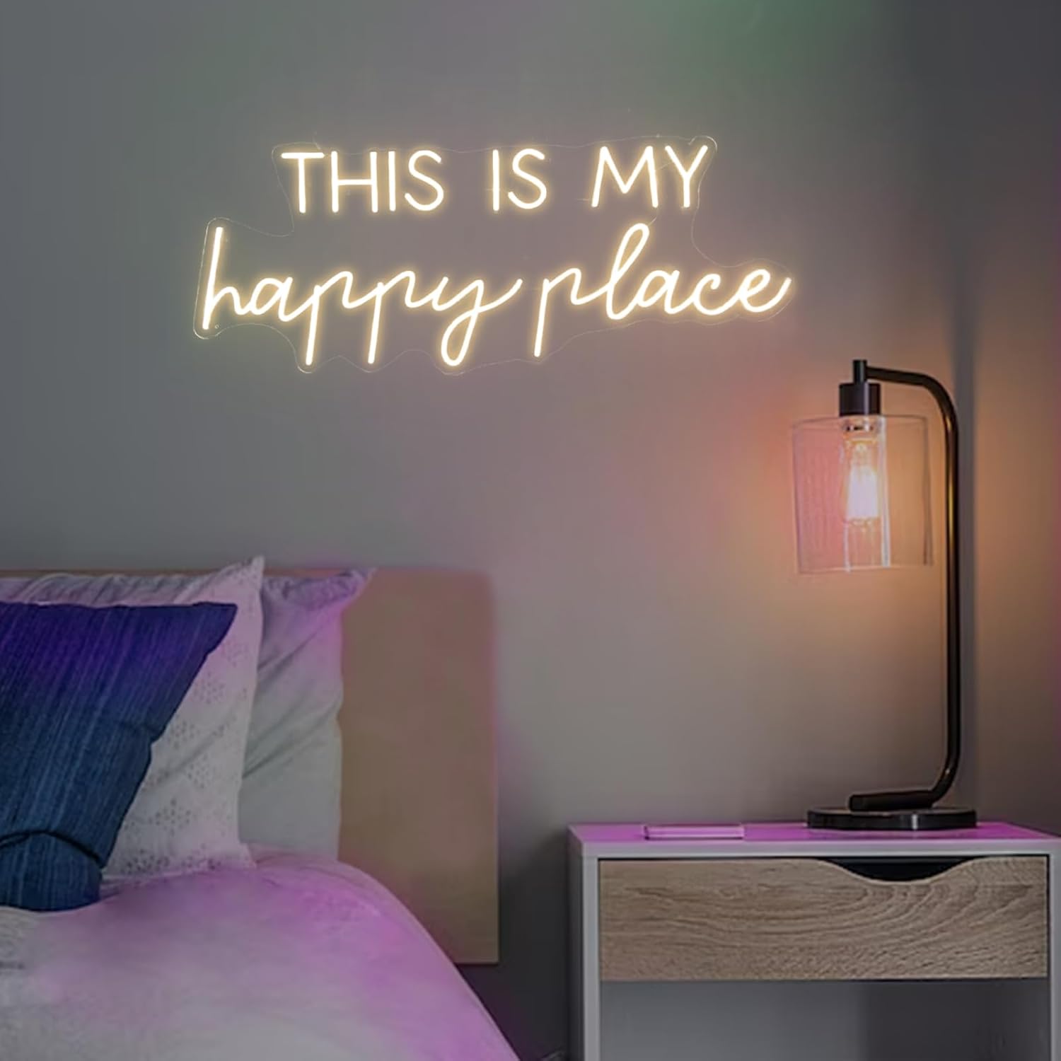 This is My Happy Place Neon Sign 30 inches Large Dimmable Led Lights Up Wall Art Decor Neon Signs for Bedroom,Wedding, Office, Party Decorations