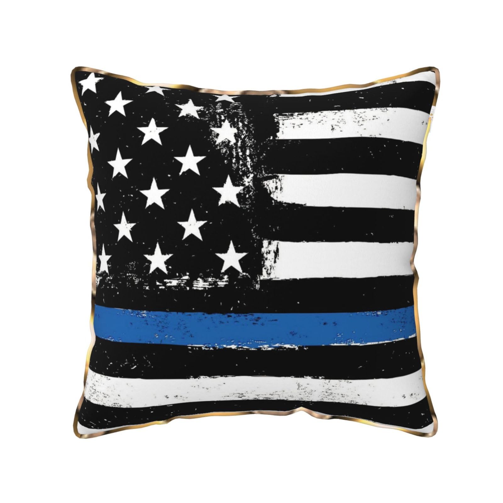 AUBKFELD Retro Blue Thin Line Usa Flag Printed Velvet Cushion Cover 45x45 CM with Gold Edging Strip, Square Pillowcase Soft Throw Pillow Covers Case Decorative for Living Room Sofa Couch Bed Bench