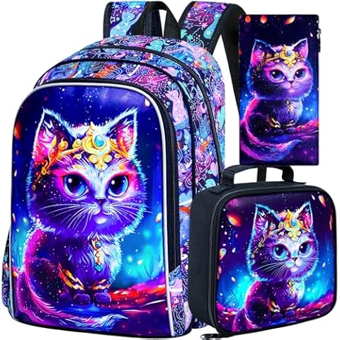 3PCS Cat Backpack for Girls, 16'' Kids Preschool Bookbag with Lunch Box, Cute Water Resistant School Bag Set for Elementary Kindergarten Toddler Cover