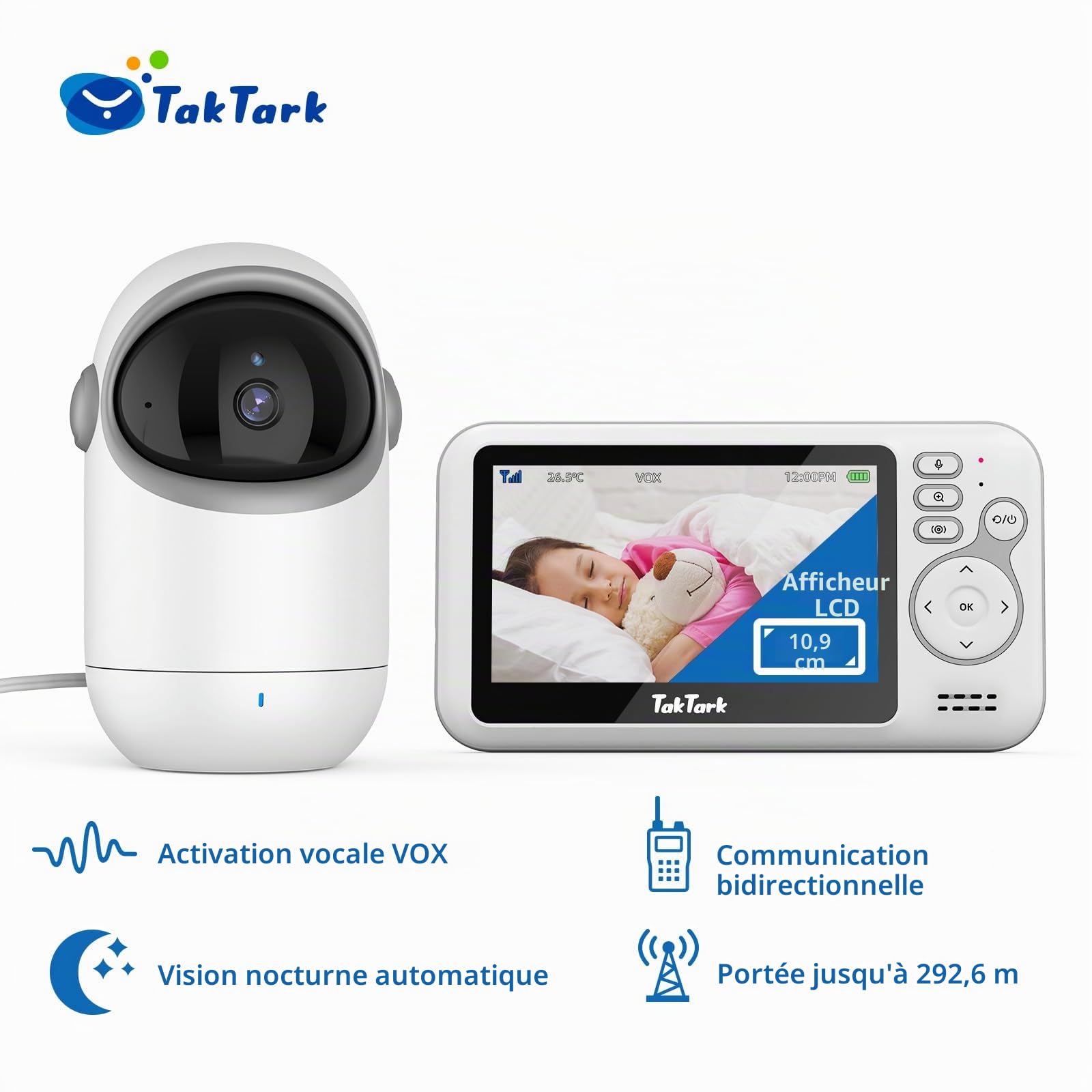 TakTark Babyphone Camera, 4.3'' Video Babyphones Caméra avec 300° Pan-Tilt-Zoom à Distance, Camera Bebe Surveillance de la Température, VOX, Vision Nocturne, Communication Bidirectionnelle