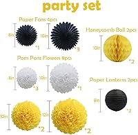 Vista 7 de ADLKGG 16 decoraciones de fiesta de abejas – abanicos de papel de seda amarillo, negro y blanco, faroles de papel, pompones, bolas de panal