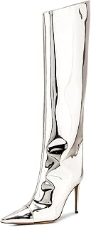 Women's Metallic Knee High Boots-Pointed Toe Stiletto Chrome Thigh High Boots-Sexy Fashion Long Boots