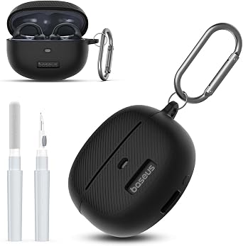 for Baseus Bowie MC1 Case Cover with Cleaner Kit, Silicone Shockproof Protective Logo Visible Design Cover Compatible with Baseus Bowie MC1 Open Ear Earbuds Charging Case with Carabiner-Black