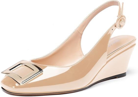 WAYDERNS Womens Square Toe Slingback Patent Metal Rectangle Buckle Wedge Low Heel Pumps Ladies Evening Dress Shoes 2 Inch