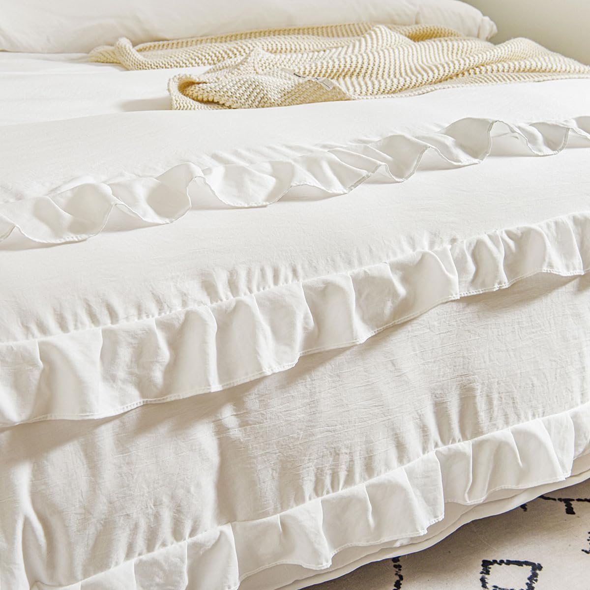 White Ruffle Duvet Cover Queen 3Pcs Shabby Chic Farmhouse Bedding Set Girls Soft 100% Washed Microfiber Duvet Cover Set Boho Vintage Ruffled Bedding with 2 Pillowcases(No Comforter) - Image 5