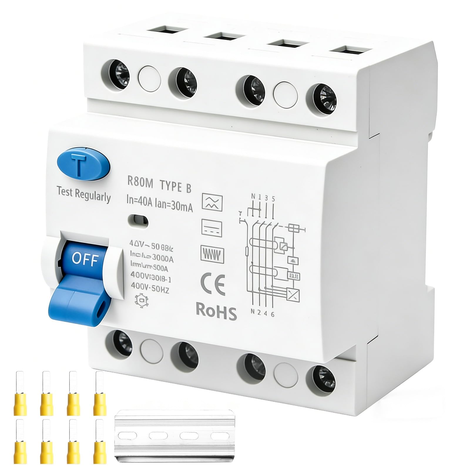 FI Schutzschalter Typ B 40A 30mA 4-Polig, Fi Typ B, R60-4P-40A-30mA-TypeB, Fi-Schalter Schutzklasse 4 Polig RCD, Fehlerstromschutzschalter DIN Hutschiene
