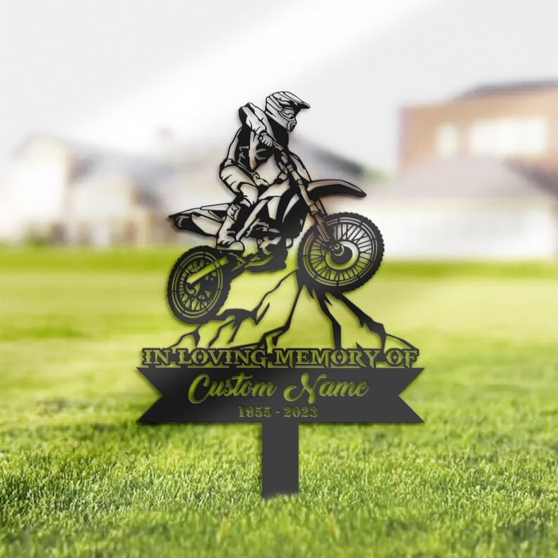 Personalized Memorial Stake for Outdoors Motocross Biker Grave Marker 8x8 inch Custom Metal Signs Motocross Biker Sympathy Gifts for Loss of Loved One (Style 11)