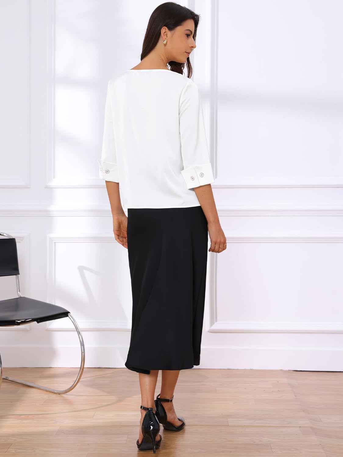 Allegra K Satin Blouse for Women Dressy Casual Top Boat Neck 3/4 Sleeve Business Work Shirt - Image 3