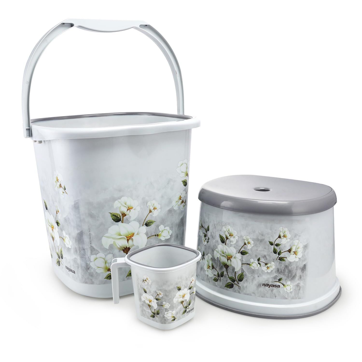 Nayasa Marble Bathroom Set | Set of 3 (25 Litre Bucket + 1500 ML Mug + 508 Stool) of Plastic Bathroom Set | Ideal for Home & Office | Large | Grey-image-43