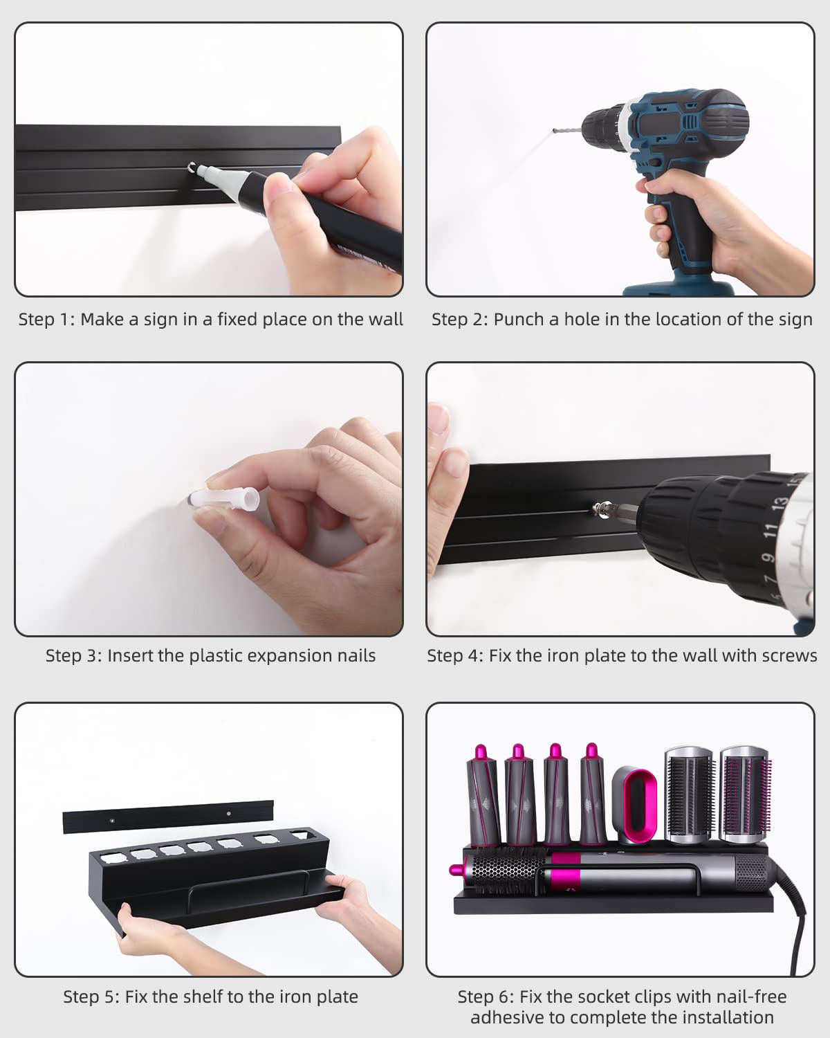 Supporto da parete per asciugacapelli Airwrap Styler, Supporto per Asciugacapelli, Ferro Arricciacapelli per Dyson Airwrap Staffa Montaggio Parete, Nero
