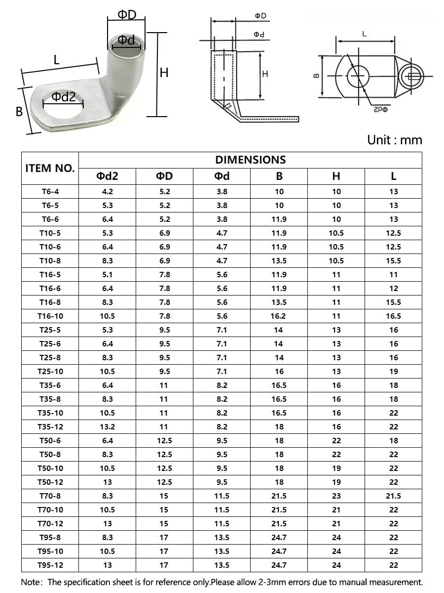 For empalmes eléctricos, 50 terminales de cable de cobre estañado, modelos T6, T10, T16 y T25.(T25*8)