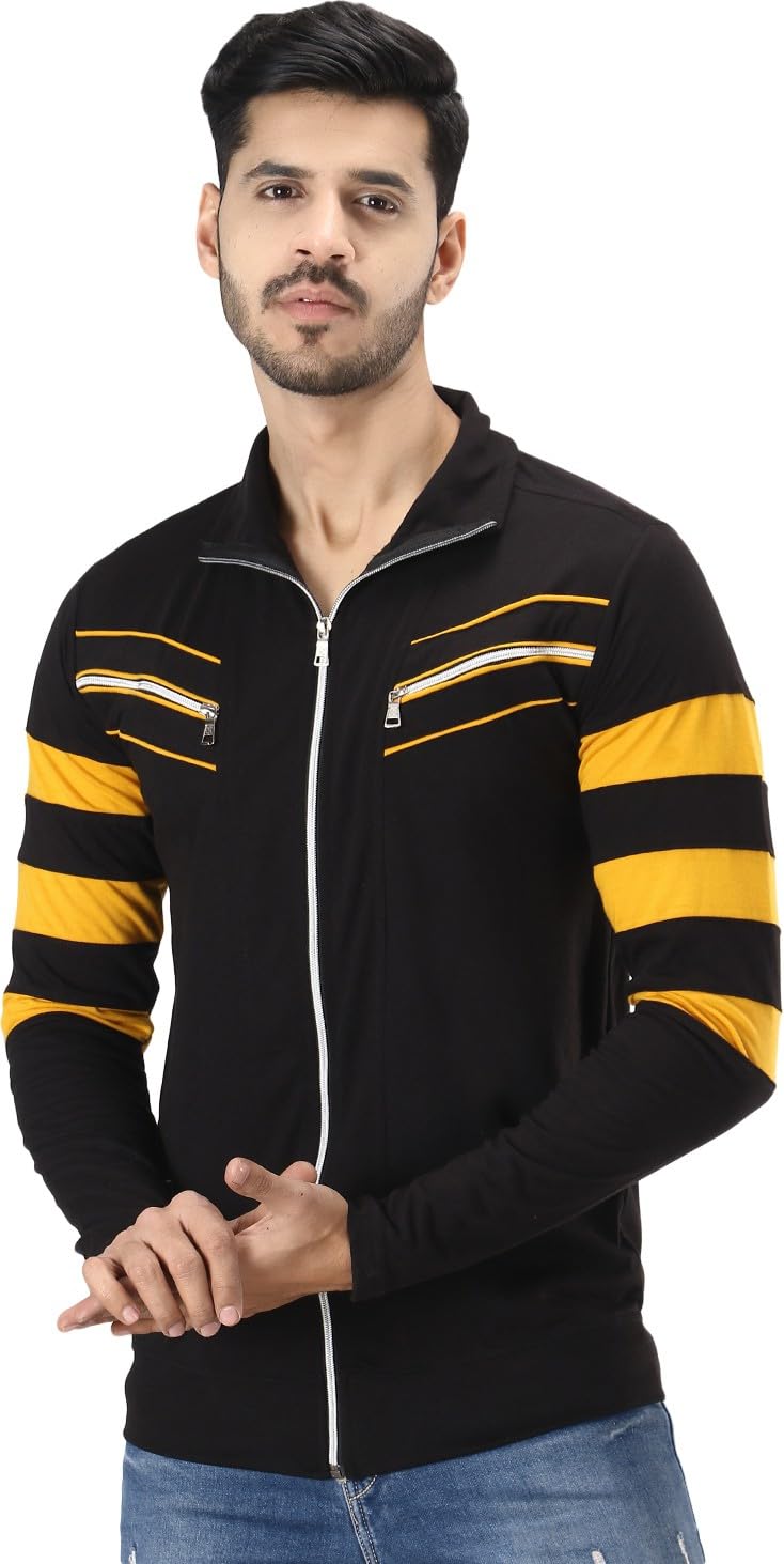black collection Men's Black, White Color Block Zipper T Shirt-picture-4