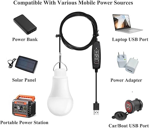 Miniatura 5 de Taysing Luz USB, lámpara USB, luces de campamento, 7 W, luz de emergencia portátil colgante regulable para estación de energía, cargador de panel