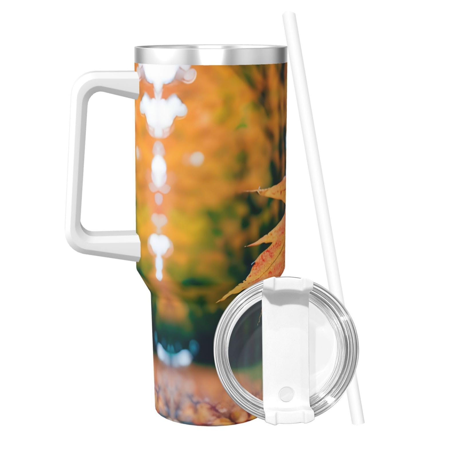 Wasserflasche mit Herbstmuster, Edelstahl, doppelwandig, isoliert, mit Griff und Strohhalm-Deckel, 1,2 l