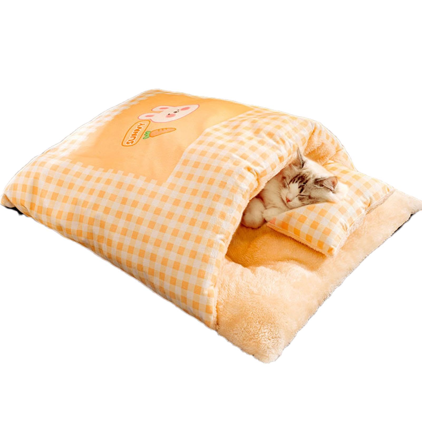 Sac de couchage chat à carreaux avec oreiller nid douillet pour petit chien et lapin