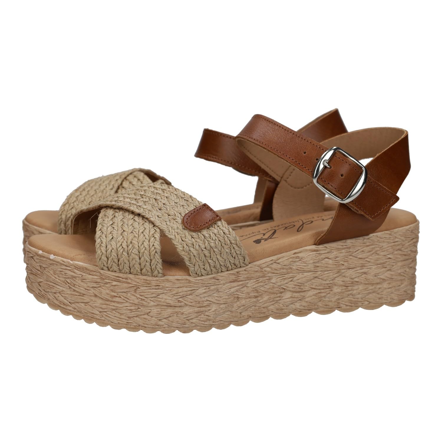 SANDALI M621 Plataforma para Chicas, Piel Hechas en España, con Hebilla, Tiras de Yute y Planta de Gel Mujer