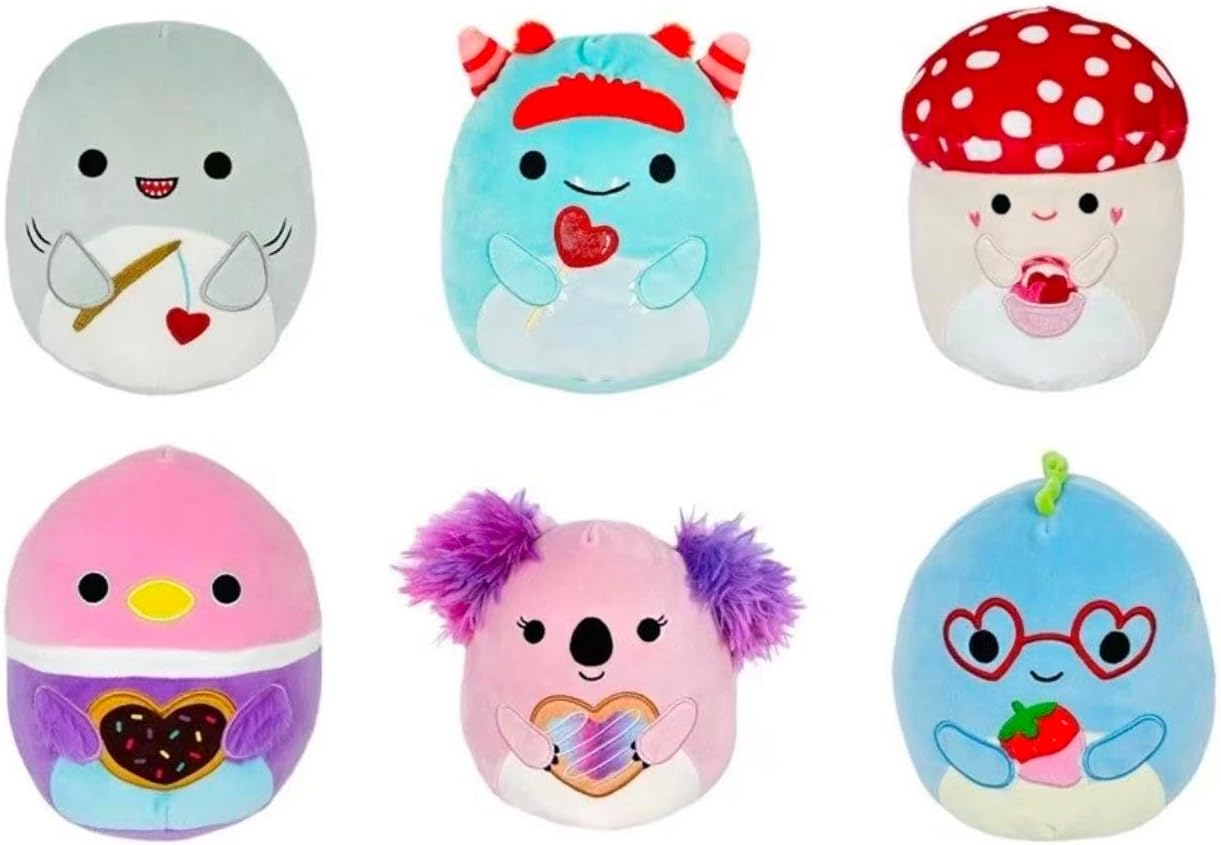 Squishmallows 2026 Valentine Squad 5" Stuffed Animals Set of 6, with Malcolm The Mushroom, Shark, Dinosaur, Koala, Duck, Monster. (Set of 6)