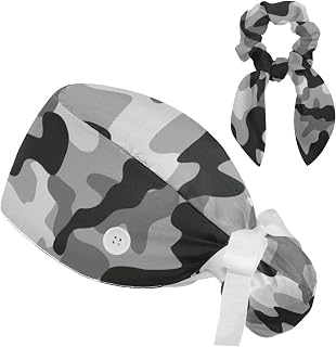 FVQL 2 Pieces Surgical Cap for Long Hair Scrub Cap with Hairband Nurse Cap, Camouflage