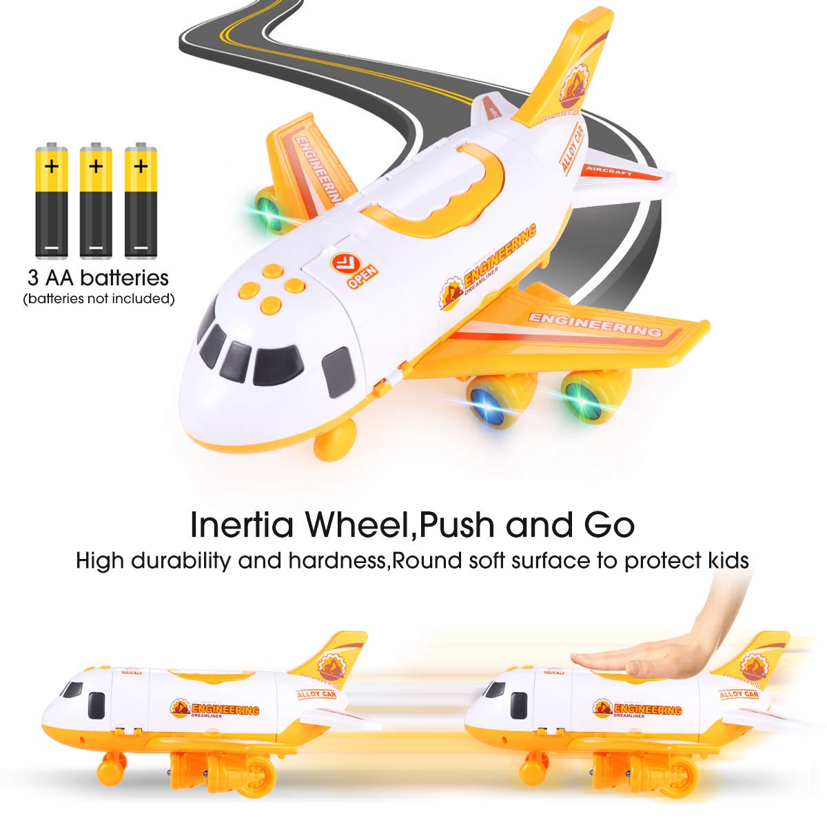 SHANNA Flugzeug Spielset - Flieger Kinder Trägheitsrad mit Fahrzeugen Lernspielzeug Set, 1 großes Flugzeug, 4 legierte Autos für Kleinkinder ab 3 Jahren (Baufahrzeuge - Gelb)