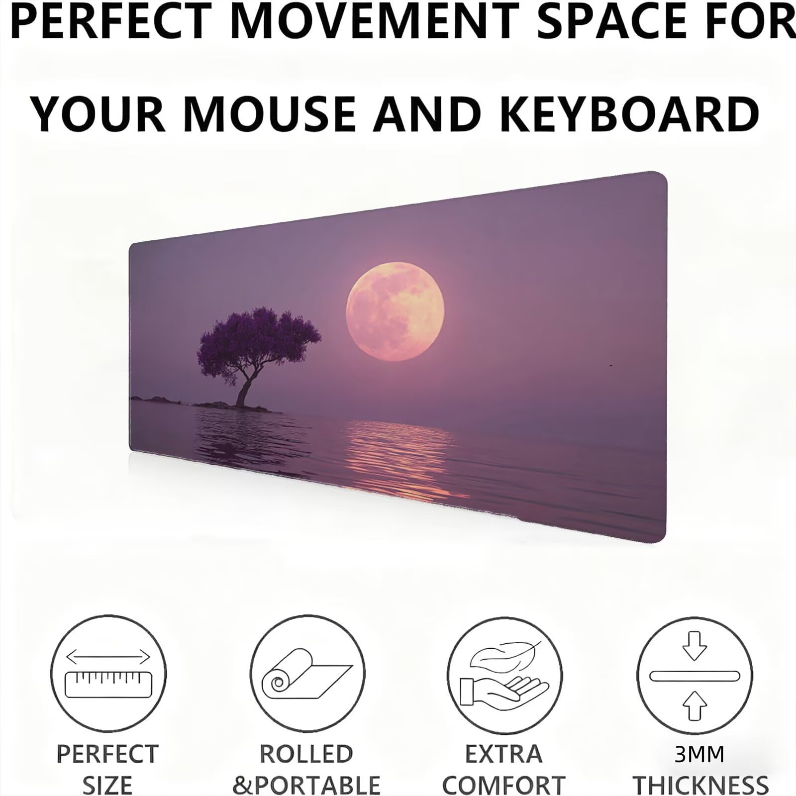 Podkładka pod mysz Księżyc/Jezioro XXL 1500 x 800 mm Duża podkładka pod mysz Przyszyte krawędzie Wodoodporna Antypoślizgowa Duże Rozszerzone Akcesoria Biurowe do PC, przenośny poprawia dokładność i