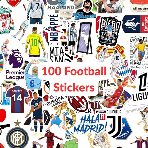 Image of 11 Strokes Stickers Set of 100 Football Stickers for Kids & Adults | Laptop Stickers Aesthetic Soccer Stickers Set | Laptop Sticker | Messi, Ronaldo, Real Madrid, Barcelona Gifts | Fun Football