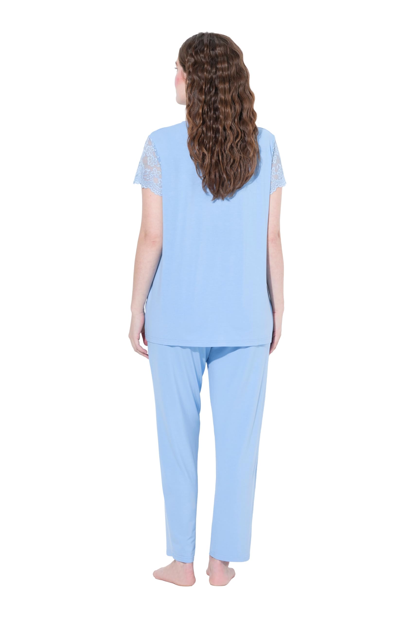 Ulla Popken Pigiama con Pizzo, Scollo a V e Mezze Maniche di Pizzo 838139