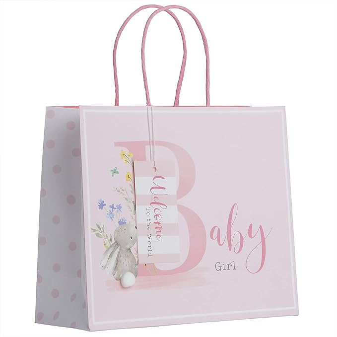 Partisan Products White Kraft Paper Rabbit Pink Baby Girl Gift Bag With