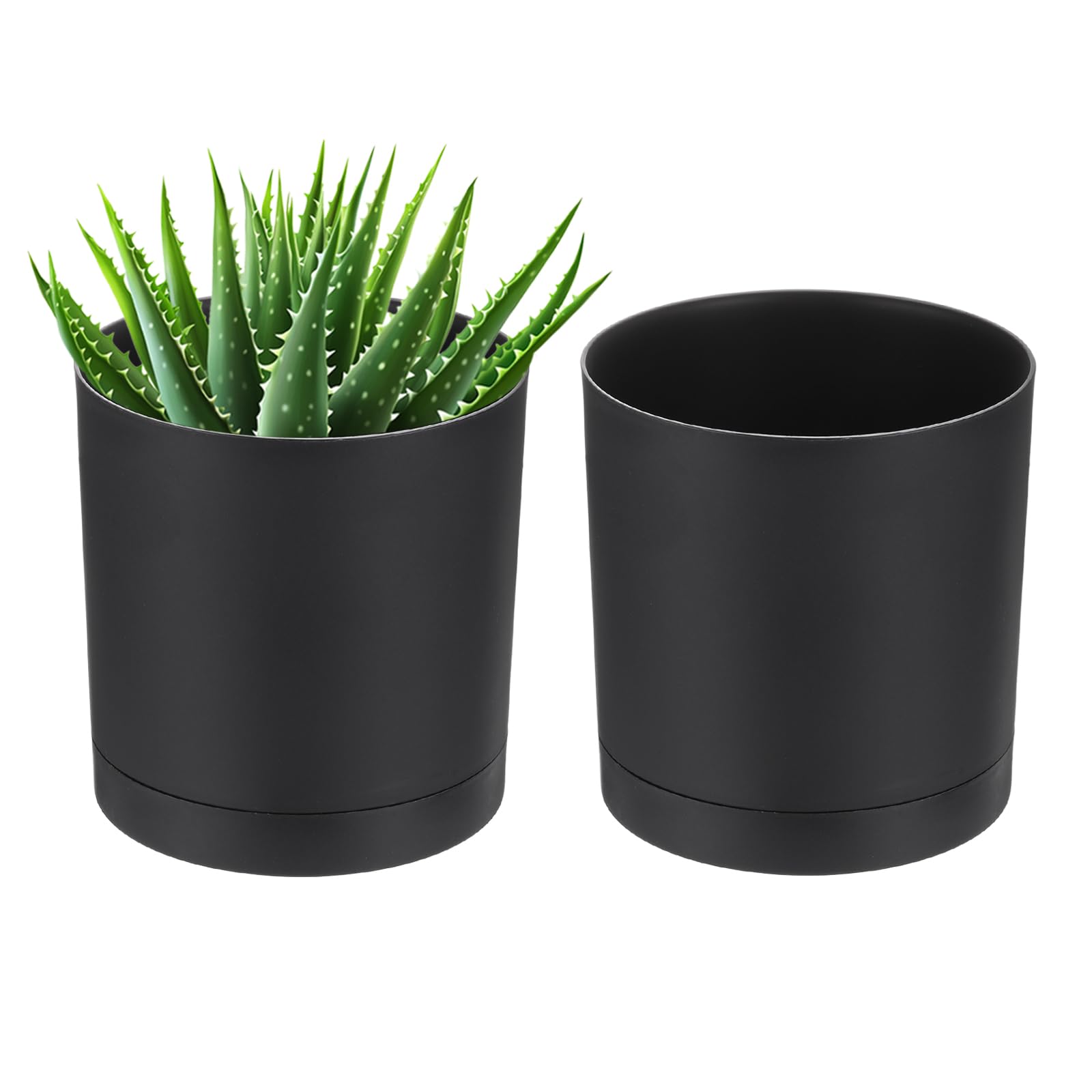 PATIKIL Lot de 2 petits pots de fleurs en plastique avec trous de drainage et soucoupe pour décoration d'intérieur et d'intérieur Noir 15 cm