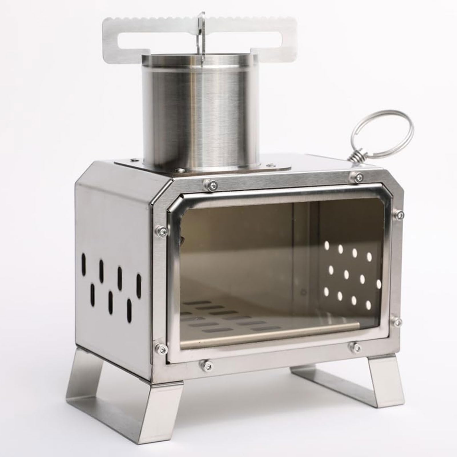 Poêle à bois de camping en acier inoxydable portable avec vitre et sac