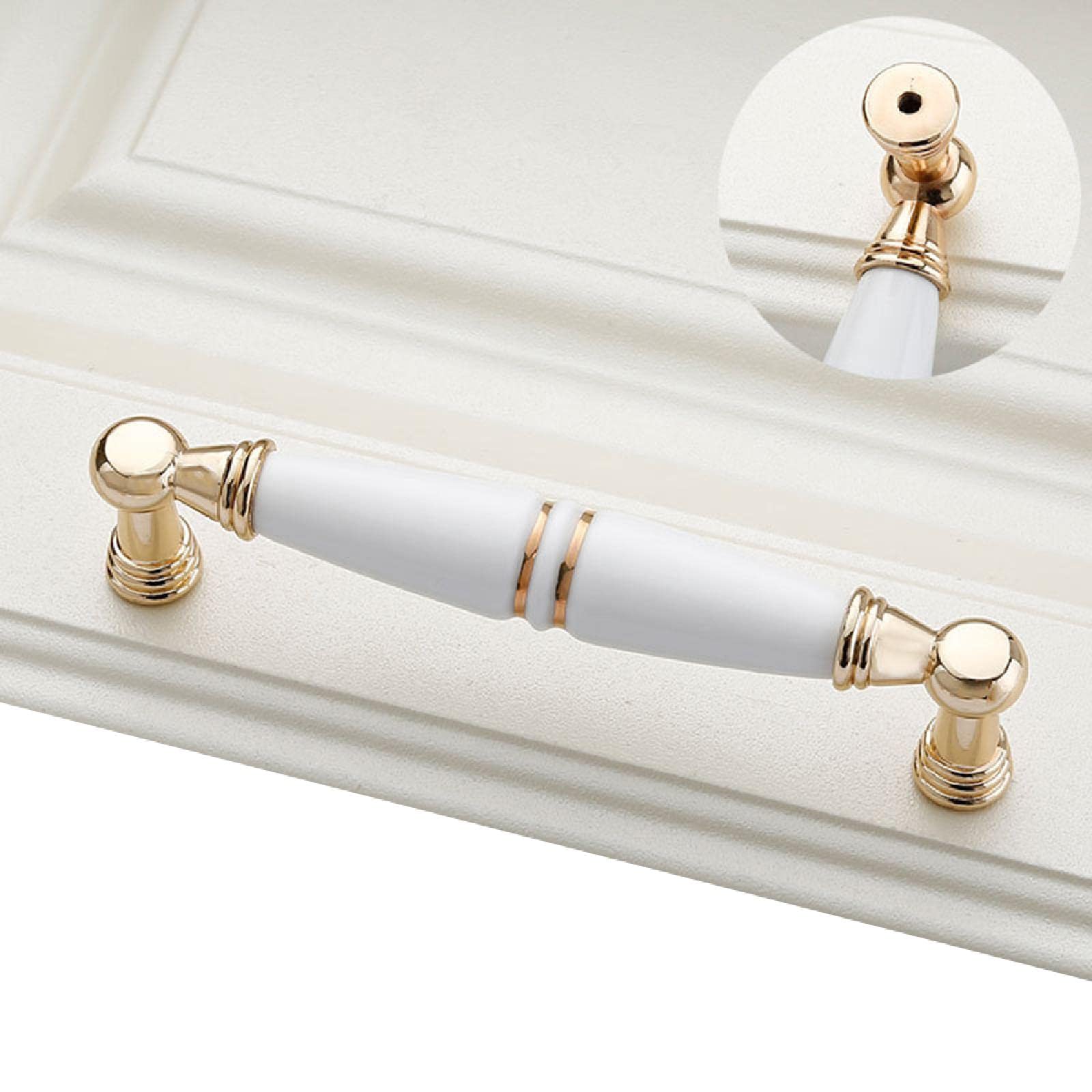 6 maniglie in lega di zinco in ceramica bianca per armadietti, armadietti e cassetti, maniglie per porte e cucine (centri fori: 128 mm)
