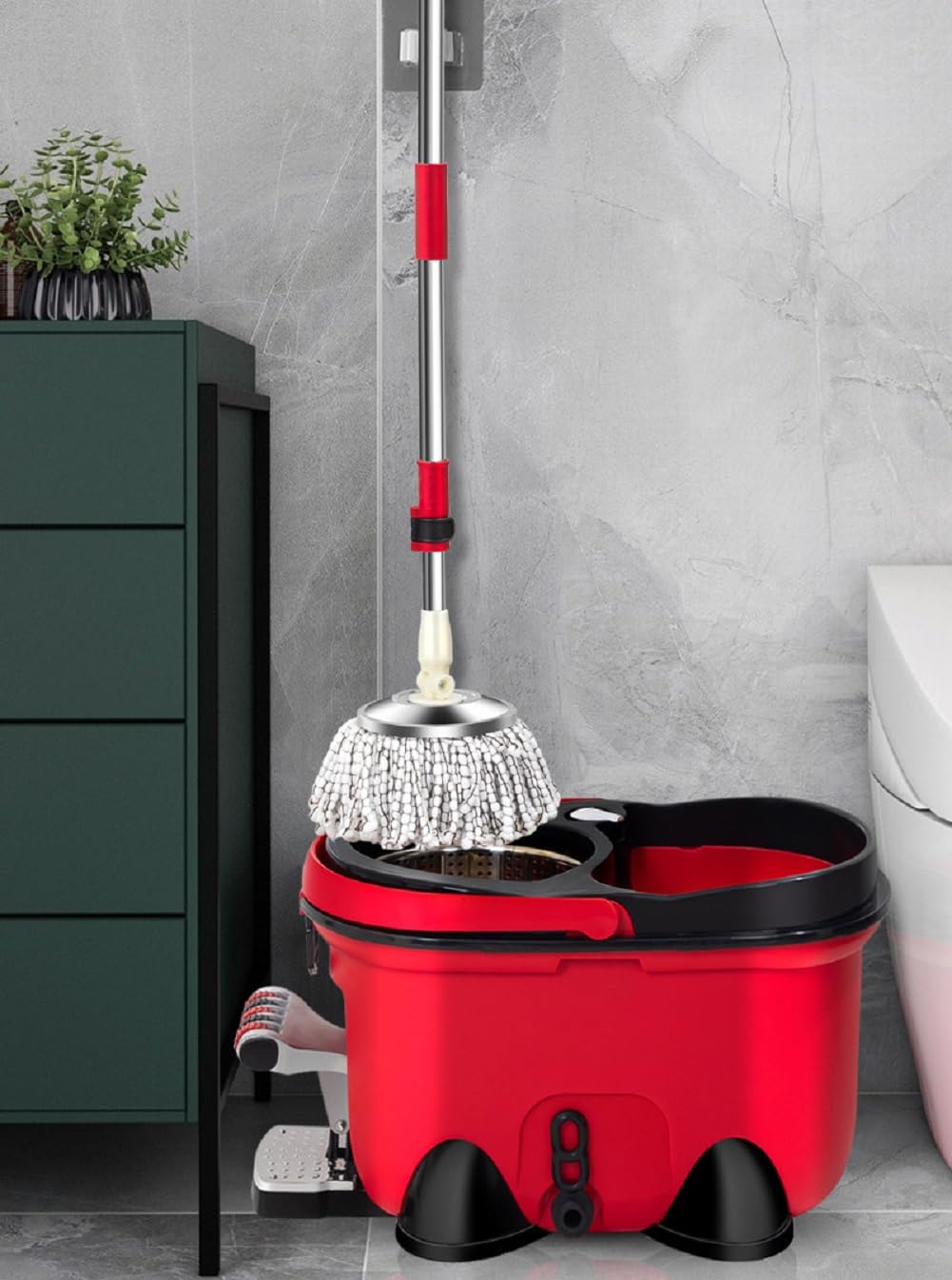 Wischmopp Set Mit Eimer Und Fußpedal, Bodenwischer Set Mit 4 Mikrofaser Bezug, Putzeimer Mit Wischmop Pedal-Schleuder, Wischmopp Komplett Set Für Bodenreinigung, Rot