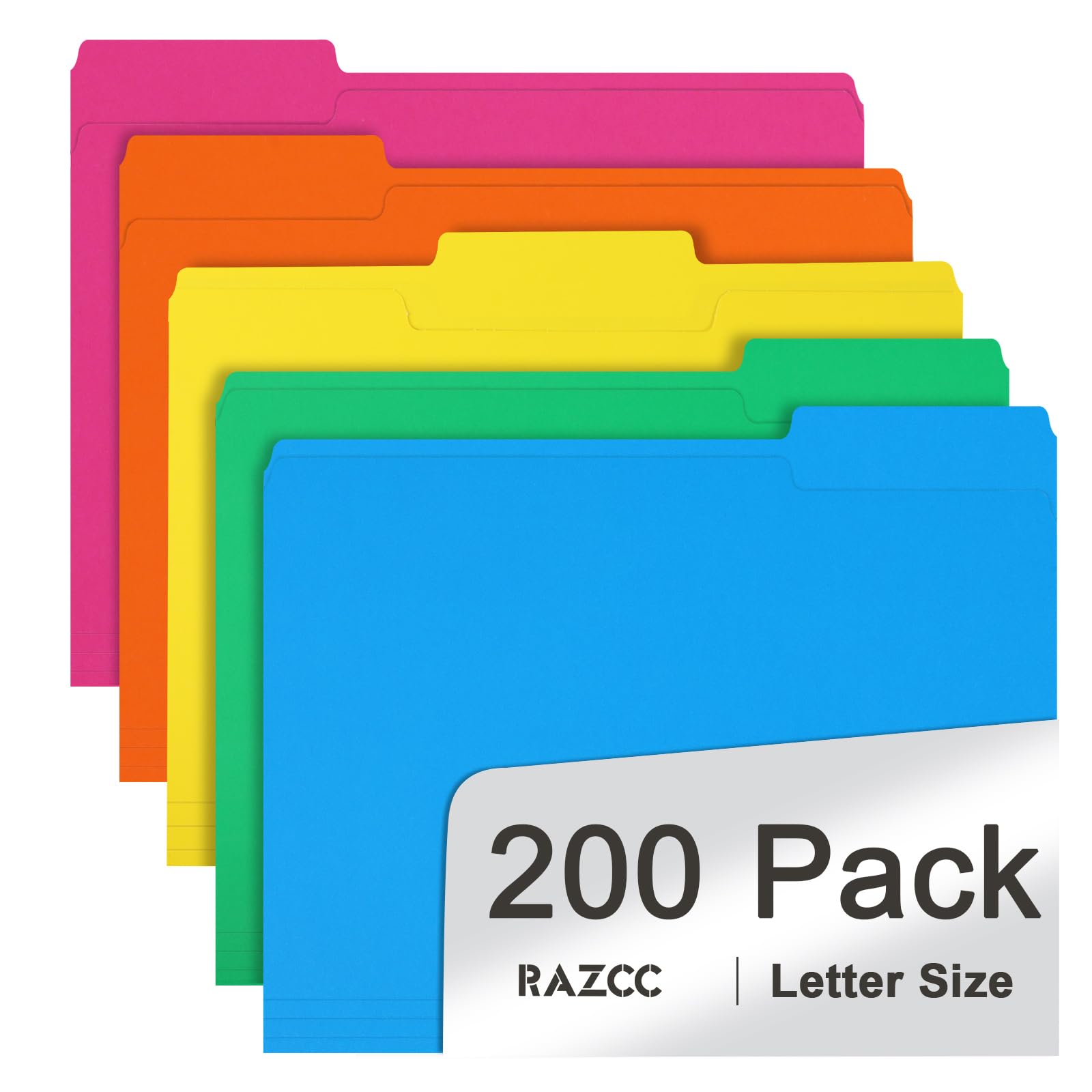 RAZCC - Carpeta de archivos, paquete de 200 carpetas de colores con pestaña de corte de 1/3, carpeta de archivos de colores tamaño carta para uso en oficina, aula, carpetas con pestañas surtidas, 5