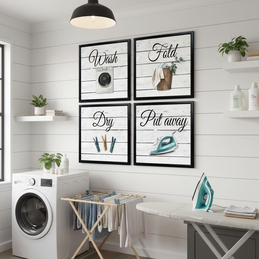 DuoBaorom Laundry Room Wall Decor Wash Dry Fold Put Away Signs Picture 4 Pieces Frame Wall Art