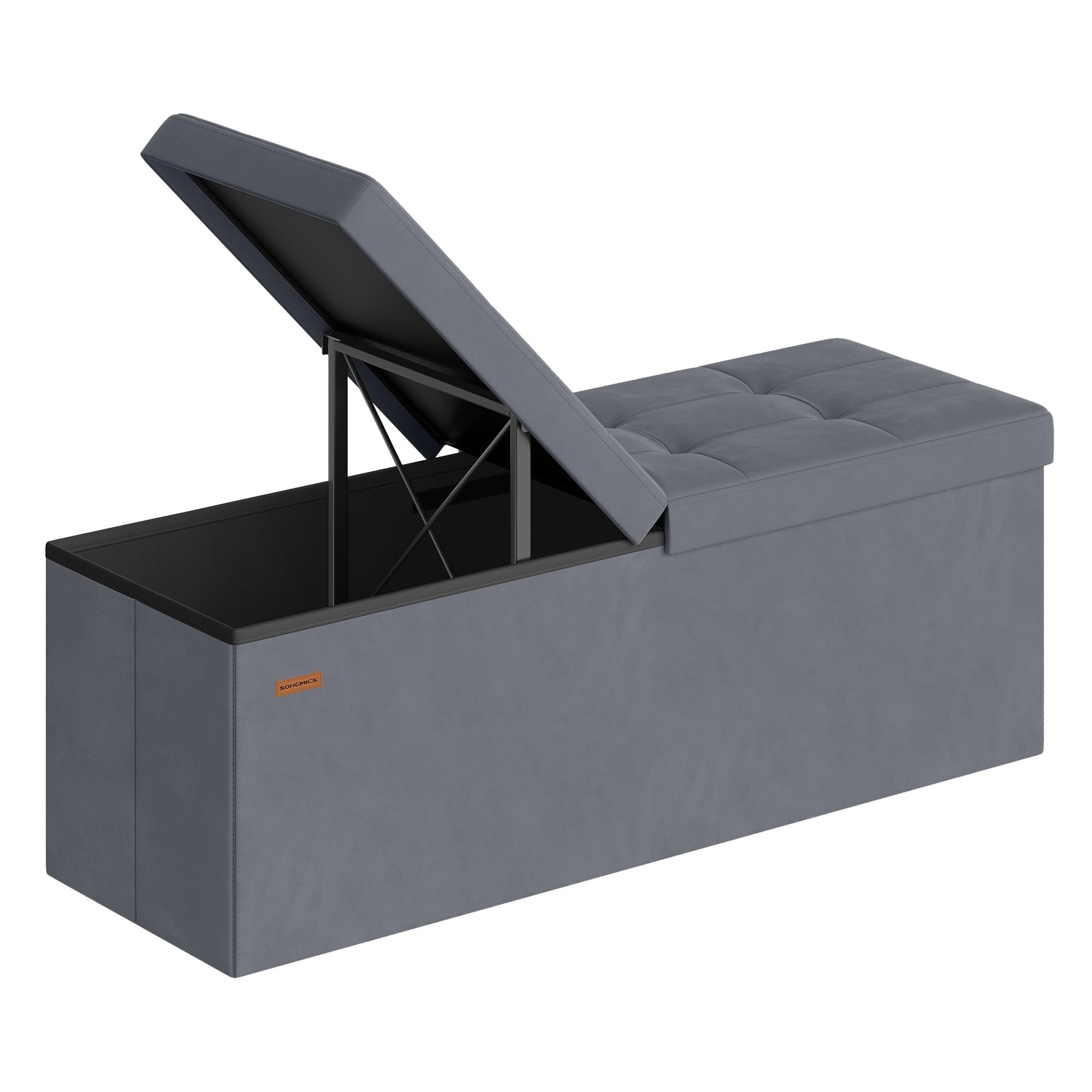 SONGMICS Puff Almancenaje, Banco Almacenaje Plegble, 38 x 110 x 38, Tapa Abatible, Taburete con Reposapiés, Carga 300 kg, Entrada, Salón, Dormitorio, Tela de Terciopelo, Gris Pizarra LSF078GN01