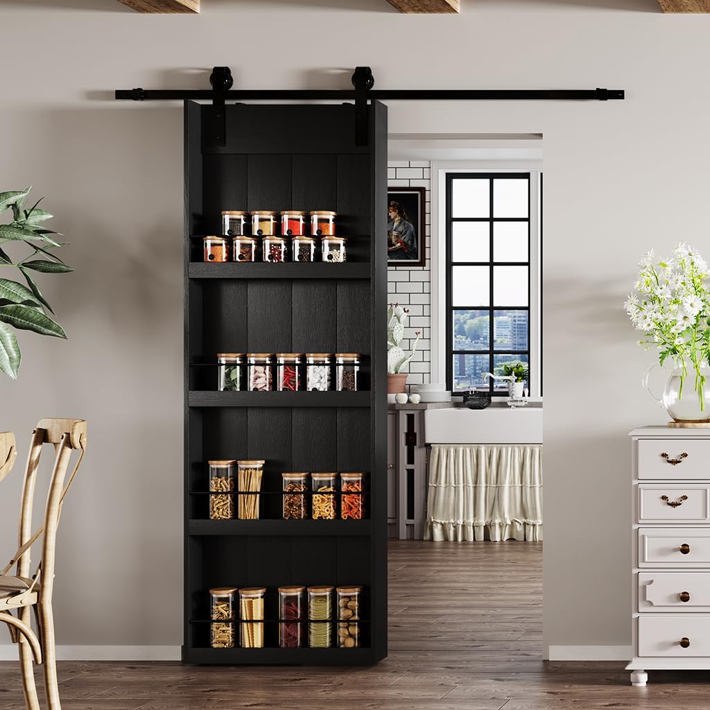 BARNER HOME 30" x 84" Sliding Barn Door, Shelf Style Barn Door with 6 Ft Hardware Kit, Made of Primed MDF, Need to Assemble, Ideal for Kitchen Pantry Bedroom Closets, Black