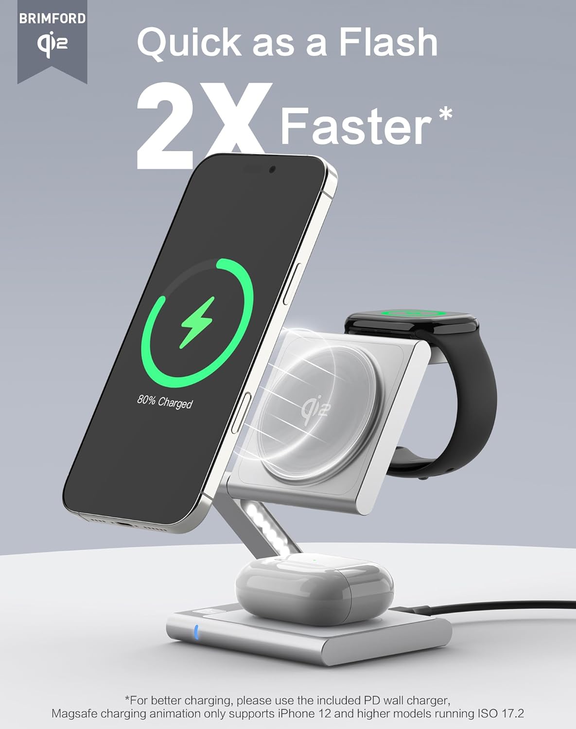 4in1 Wireless Charging Station for iPhone 17, Foldable Aluminum Wireless Charger with Led for iPhone 17/16/15/14/13/12Series, iWatch 10/9/8/7/6/Ultra, Pods