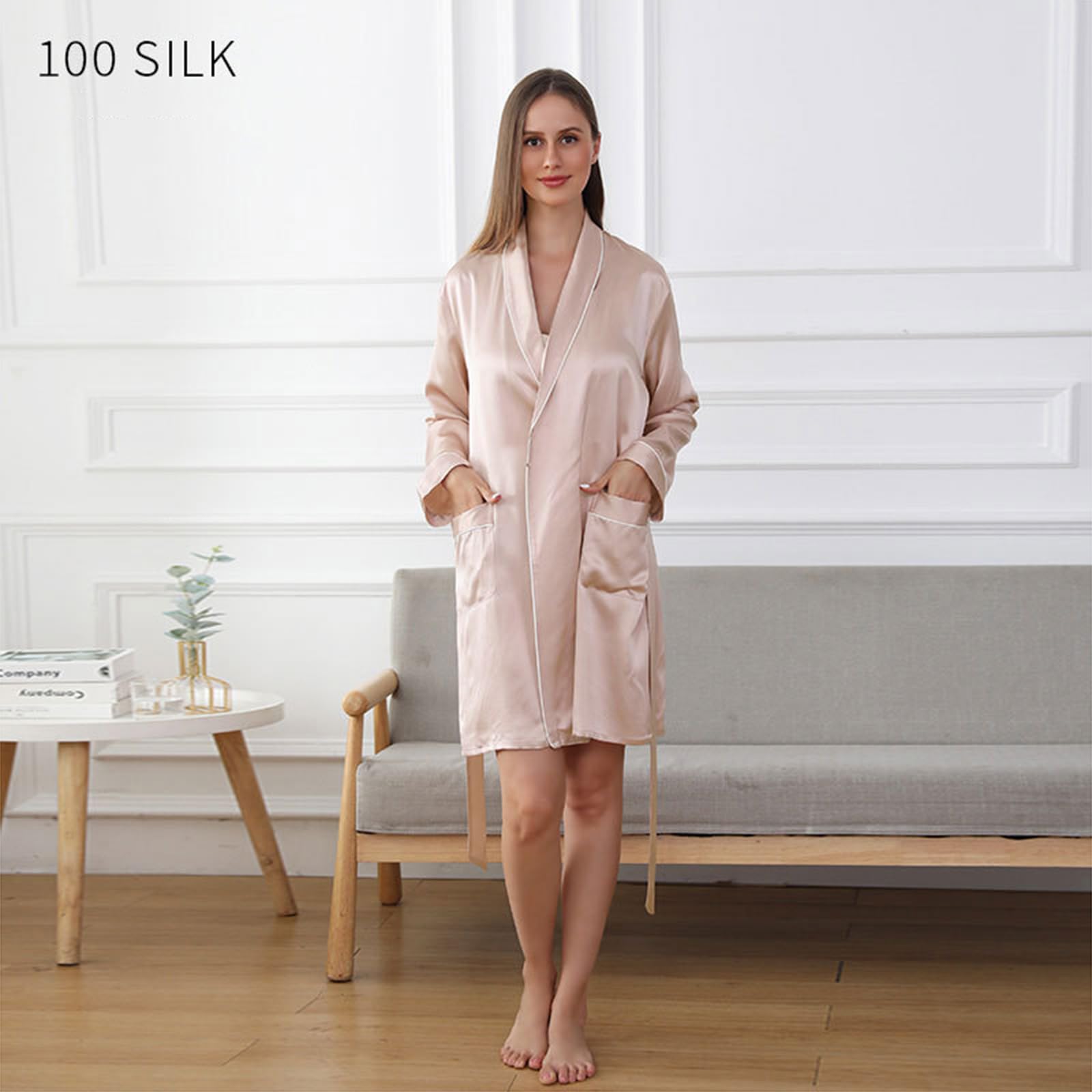 Damen Seide Nachthemden,19 Mama Sexy Satin Nacht Bademäntel Damen Satin Nachthemd,Lotus Root pink,S