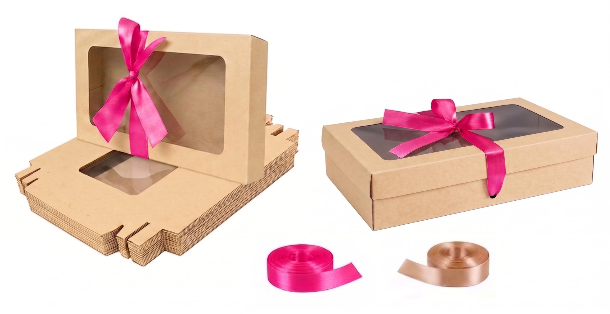 Emartbuy Pack of 12 Brown Gift Boxes with Clear Window Lid & Hot Pink Satin Ribbon - Medium-Large 27 x 16 x 6 cm - Recyclable Kraft Presentation Box for Hampers, Treats, Weddings & Favours