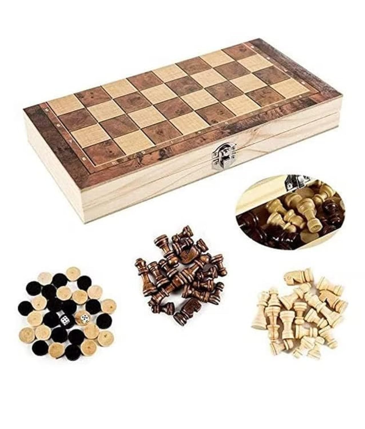 Miss Tiara 3-In-1 Wooden Foldable Backgammon Checkers Chess Set 2 Players
