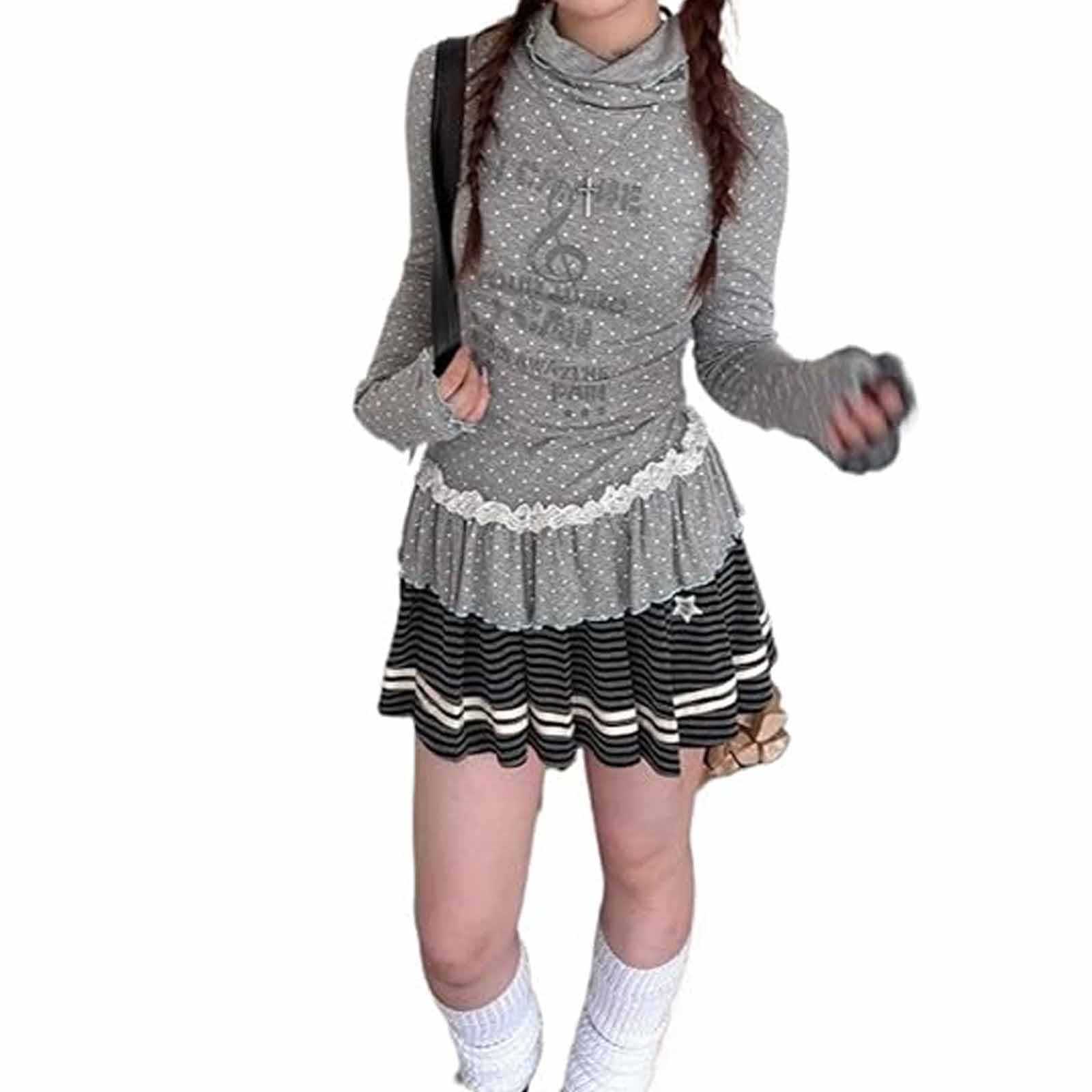 Whimsy twee Clothes Music Note Long Sleeve Shirt - Grunge Style Polka Dot Top, Harajuku Inspired Cute Printed Tee