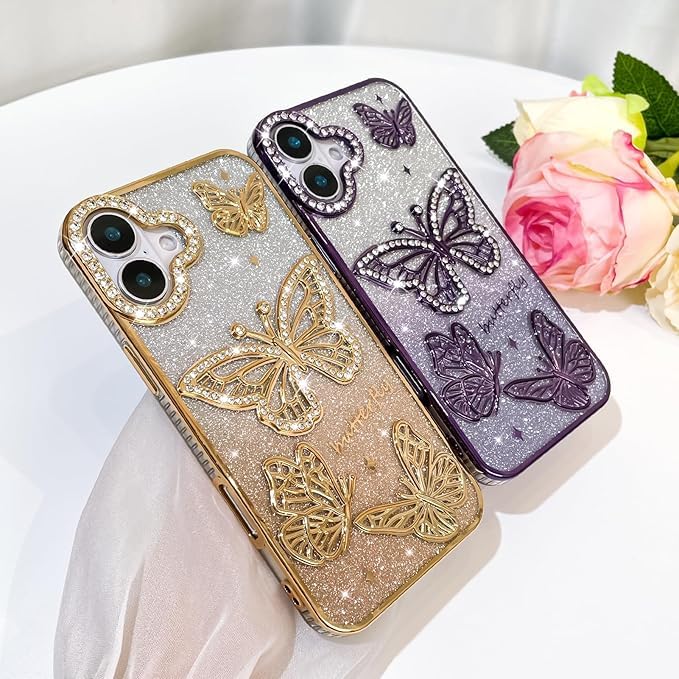 Image of VONZEE Electroplated Butterfly Case Compatible with iPhone 17, Pearlescent Diamond Sparkle Soft TPU Cover, Shockproof Drop Protection, Camera Lens Guard Stylish Phone Case for Women & Girls, Black
