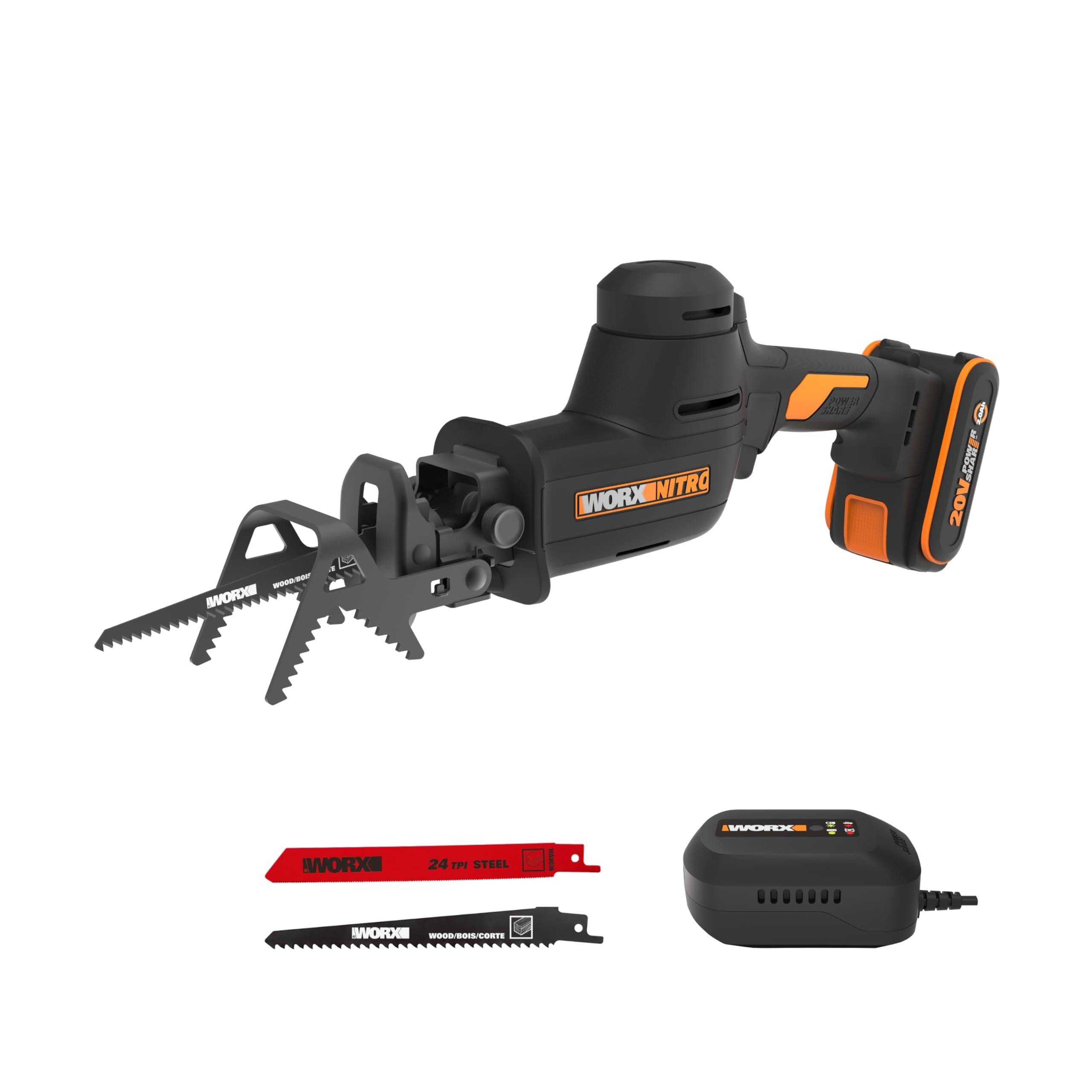 Worx 20V 26mm Nitro Cordless Brushless Pruning Saw – WG893E, Compact & Lightweight, 3,000 SPM, Tool-Less Blade Change, Low Vibration, Detachable A-Hook, Includes 2.0Ah Battery & Charger